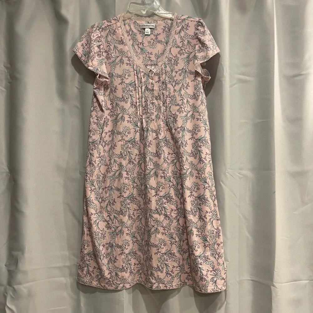 Miss Elaine Womens Pink Floral Lace Trim Short Sleeve Nightgown Sleep Dress Med